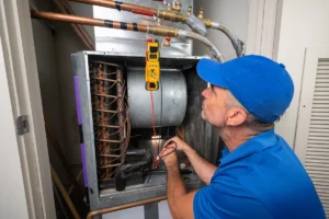 An HVAC technician in blue uniform performing diagnostic testing on a furnace unit using a digital multimeter. Best for blogs about HVAC repair, evaporator coil issues, air handler service, indoor unit maintenance, troubleshooting airflow or cooling problems.