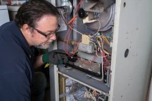 Technician inspecting internal components inside an open gas furnace cabinet during service. Best for blogs about furnace repair, furnace inspection, why your furnace isn't working, heating repair, furnace troubleshooting, and when to call for professional furnace service.