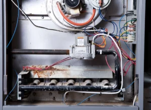 Furnace ignitor not glowing and causing no heat in Mount Holly NC: close-up of the inside of a gas furnace showing burners